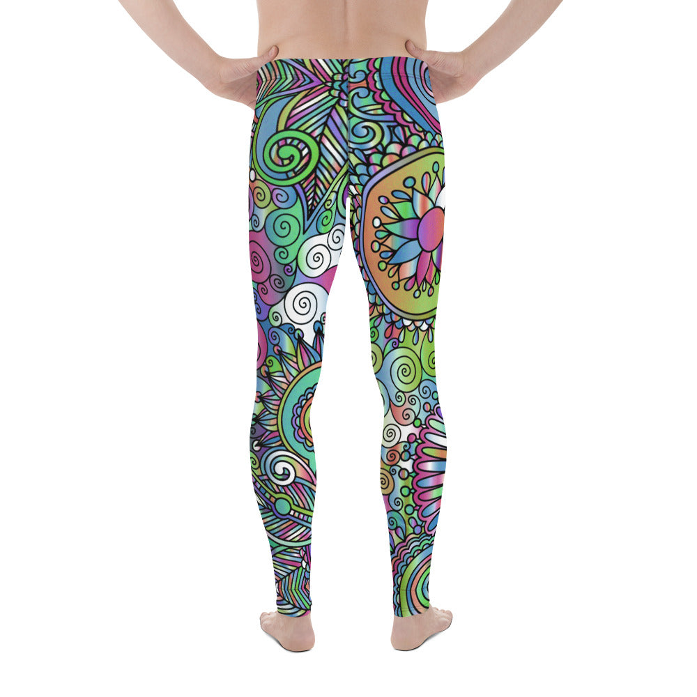Paisley Groove Men’s Leggings – Psychedelic Pastel Paisley Party Pants, Festival, Rave Tights, Gym, Wrestling, Yoga,