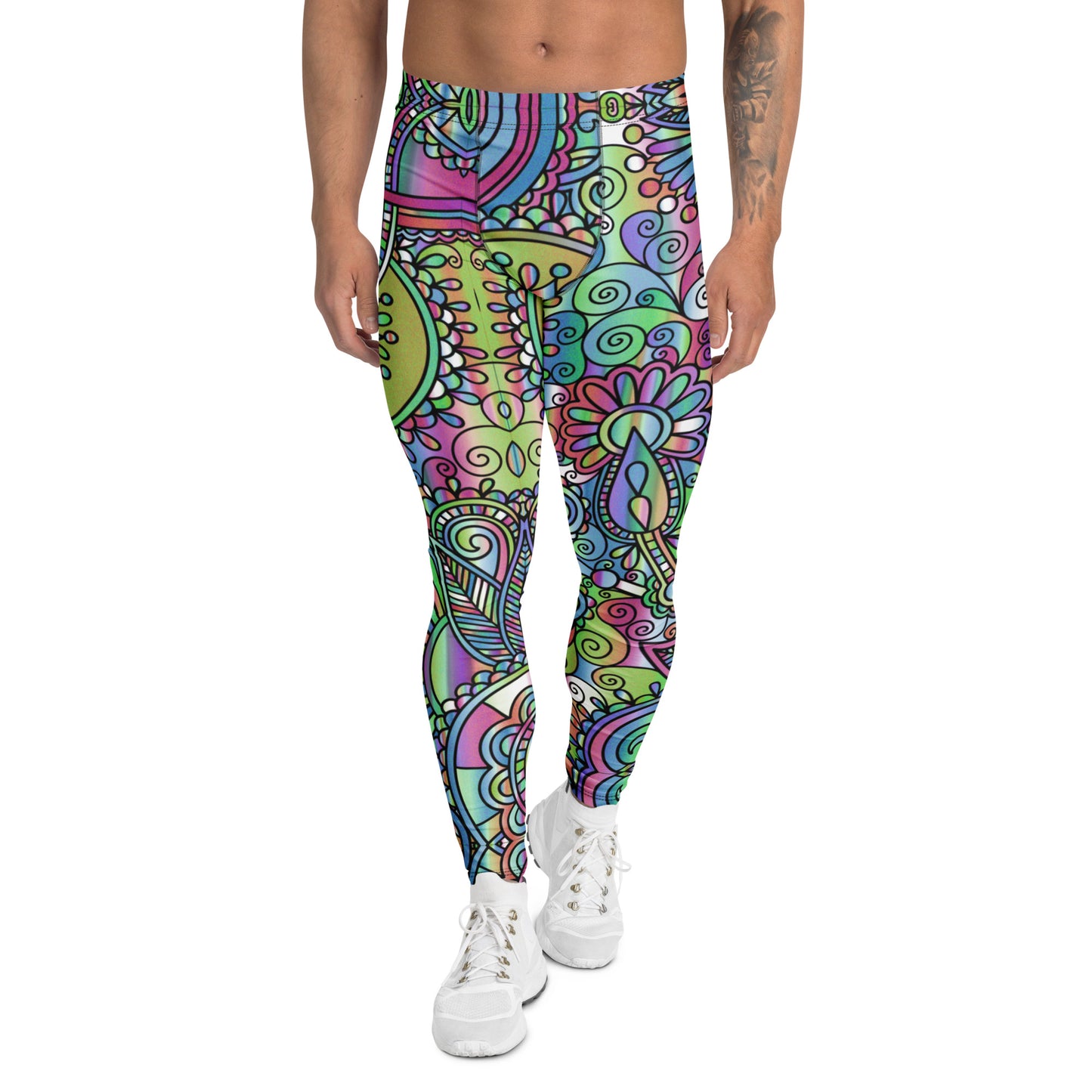 Paisley Groove Men’s Leggings – Psychedelic Pastel Paisley Party Pants, Festival, Rave Tights, Gym, Wrestling, Yoga,