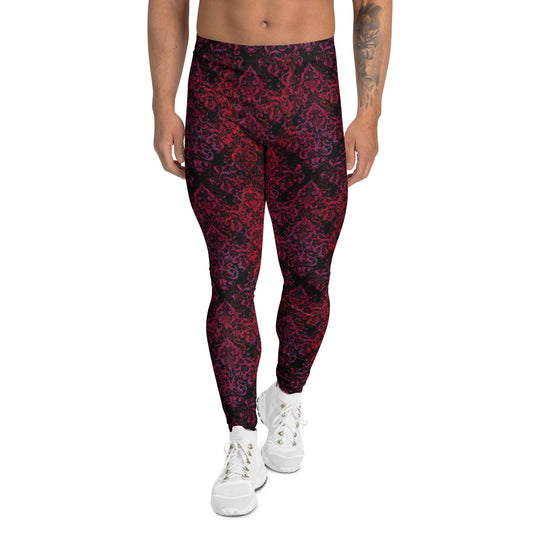 Velvet Rebellion Men’s Leggings – Baroque Damask Print Workout & Lounge Pants, Vintage, Dark Navy, Crimson, Workout Pants for Men