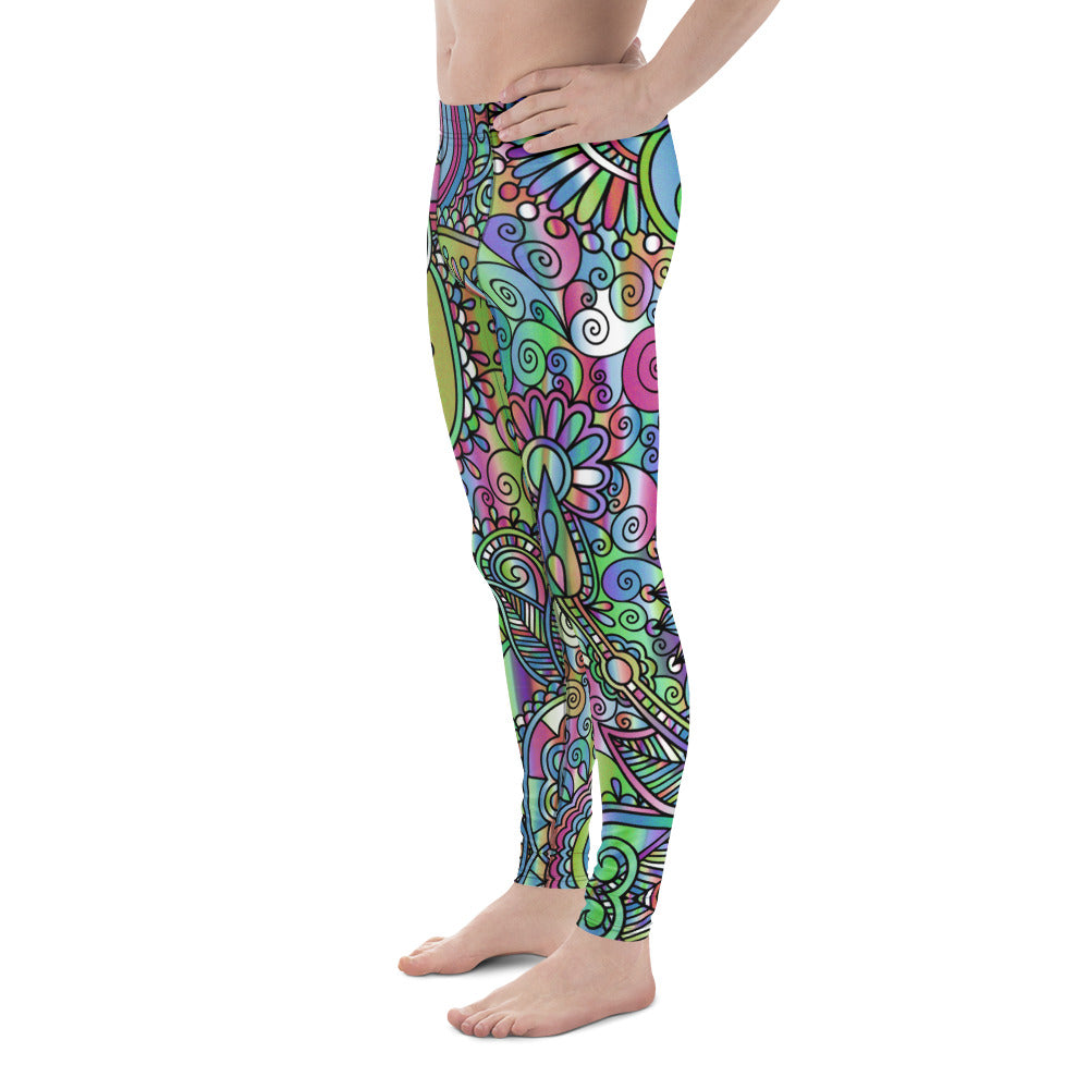 Paisley Groove Men’s Leggings – Psychedelic Pastel Paisley Party Pants, Festival, Rave Tights, Gym, Wrestling, Yoga,