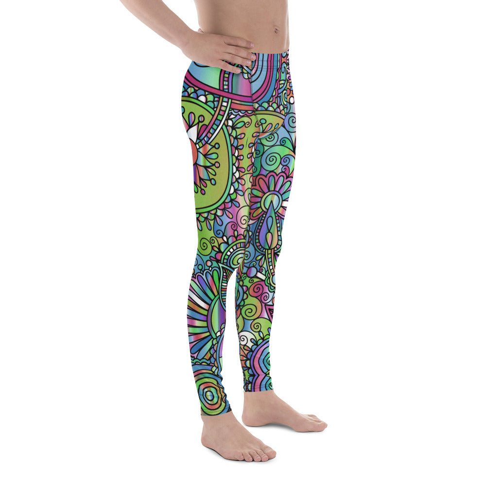 Paisley Groove Men’s Leggings – Psychedelic Pastel Paisley Party Pants, Festival, Rave Tights, Gym, Wrestling, Yoga,