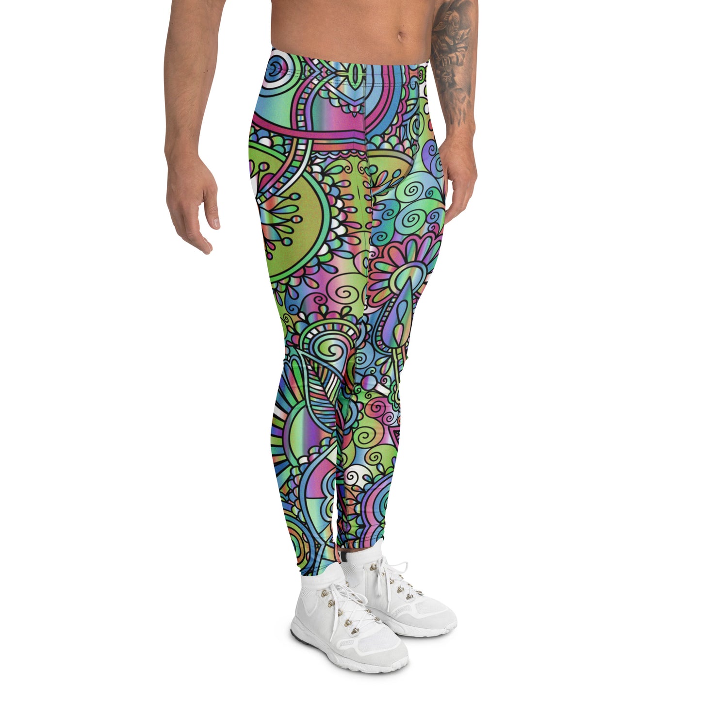 Paisley Groove Men’s Leggings – Psychedelic Pastel Paisley Party Pants, Festival, Rave Tights, Gym, Wrestling, Yoga,