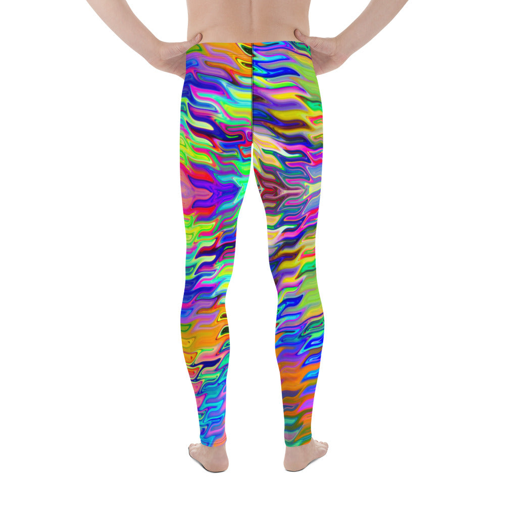 Men's all-over print leggings with white background, full-front view alternate angle.