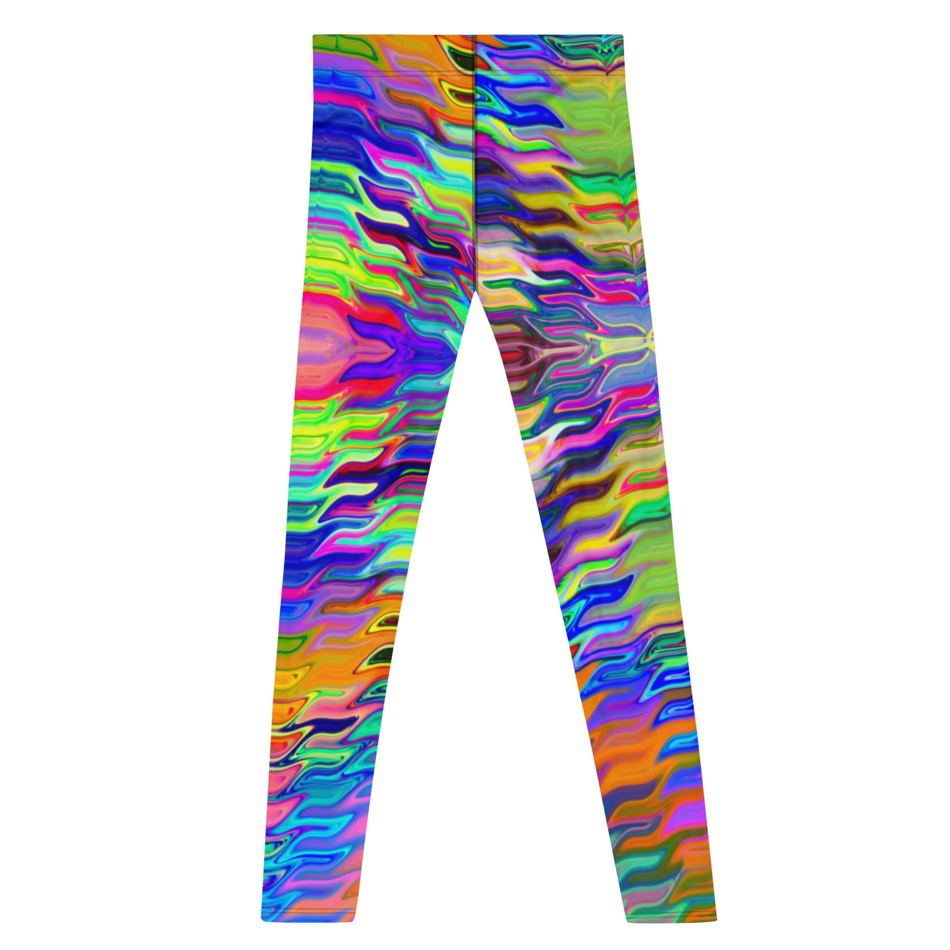 Men's all-over print leggings with white background, full-back view.