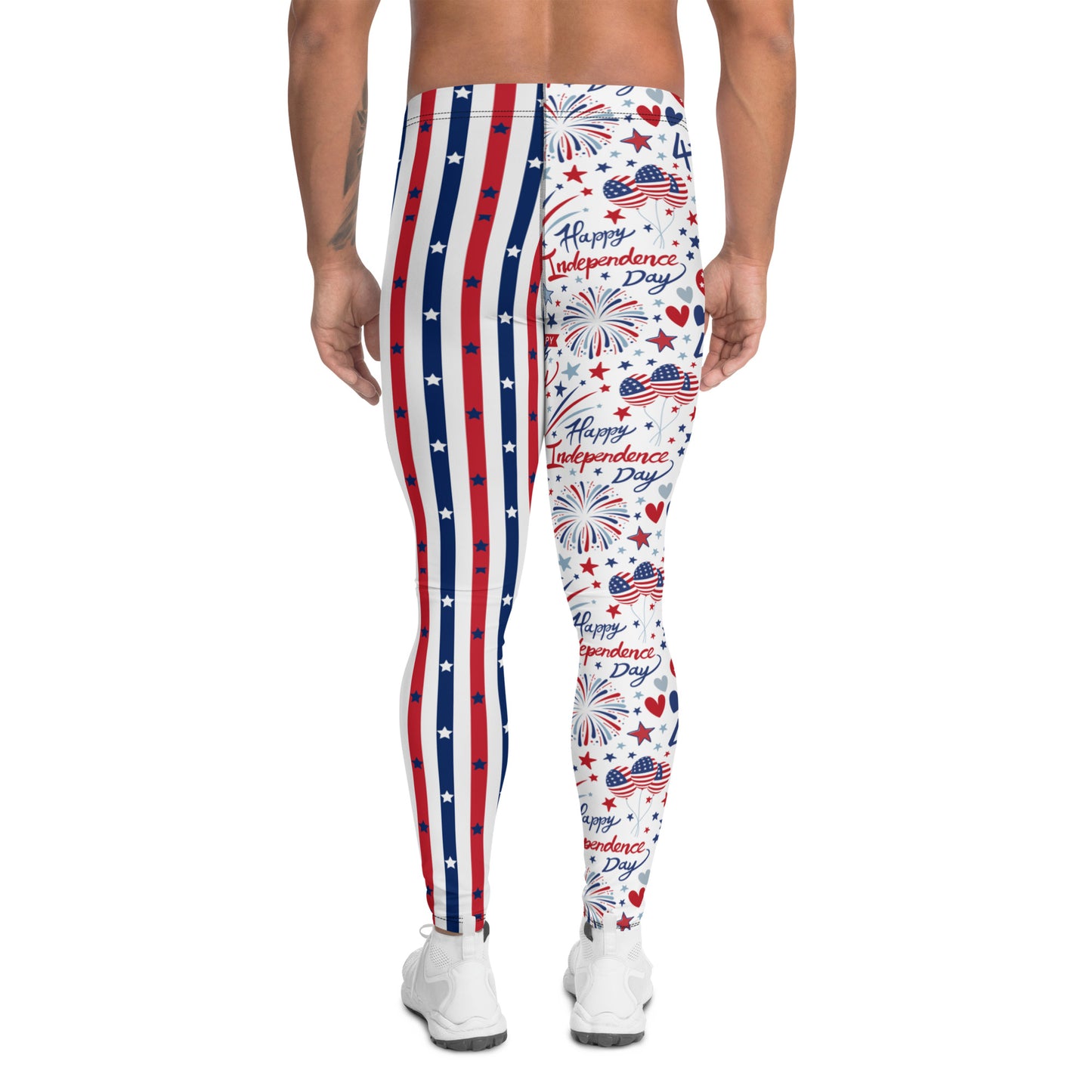 Men's all-over print leggings with white background, full-back view.