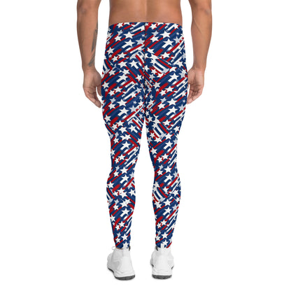 Men's all-over print leggings with white background, full-back view.