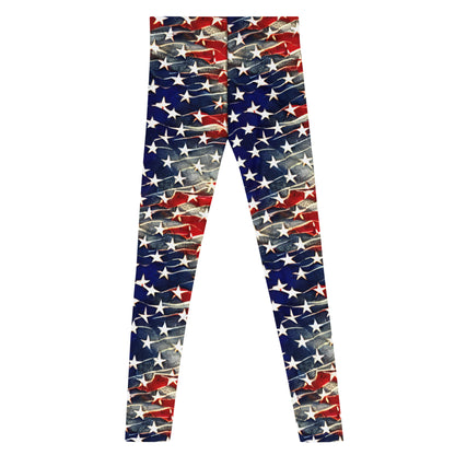 Men's all-over print leggings with white background, full-front view alternate angle.