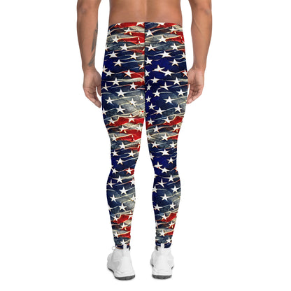 Men's all-over print leggings with white background, full-back view.