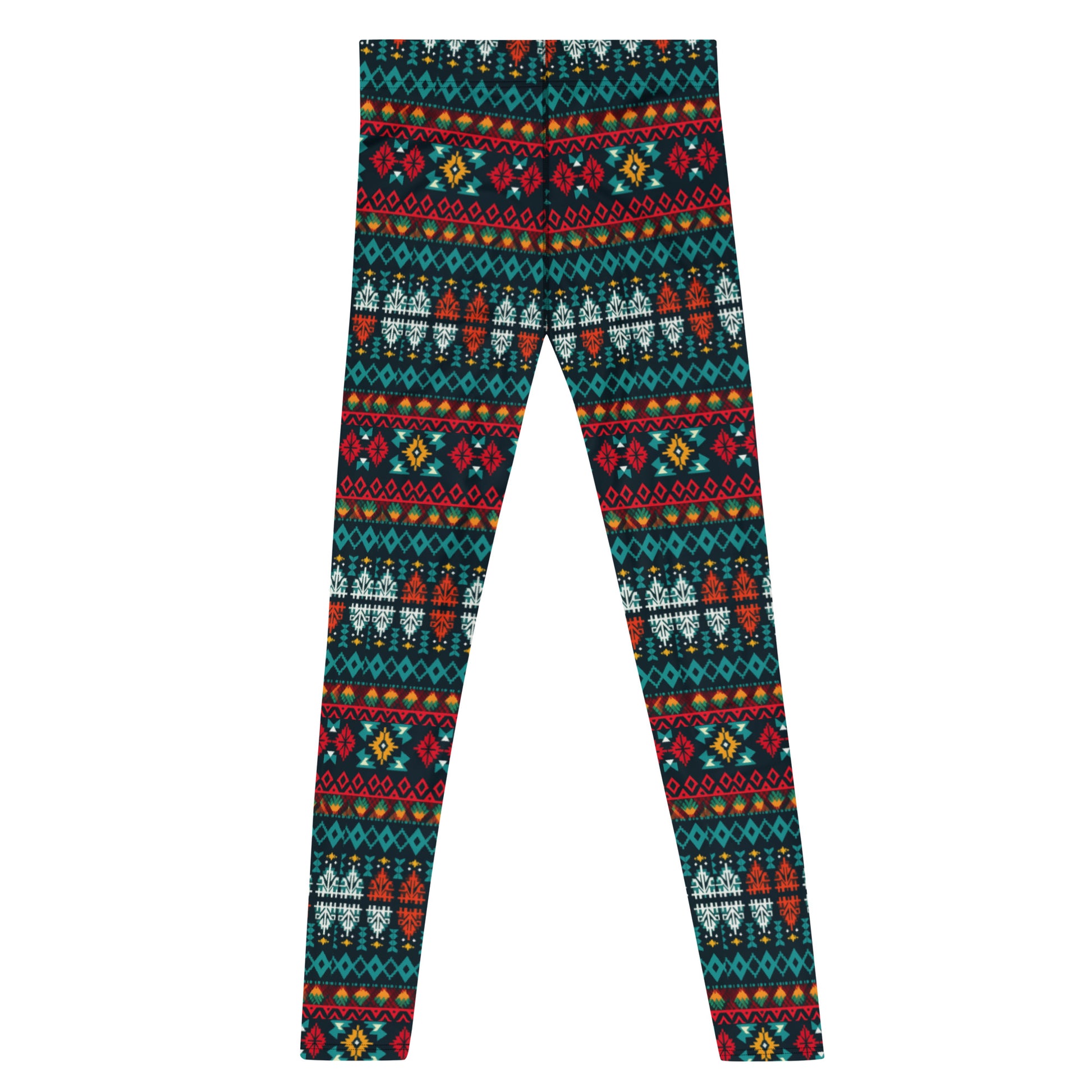 Men's all-over print leggings with white background, full-back view.