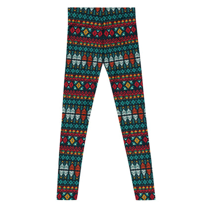 Men's all-over print leggings with white background, full-back view.