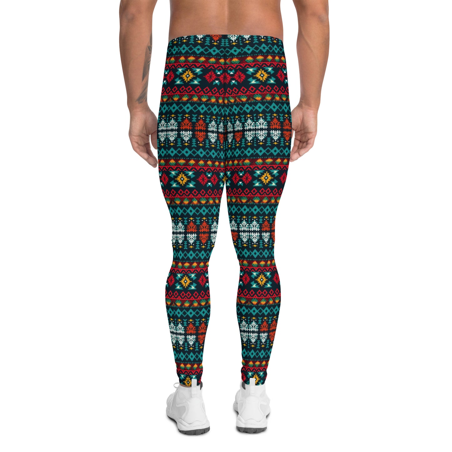 Men's all-over print leggings with white background, full-back view alternate angle.