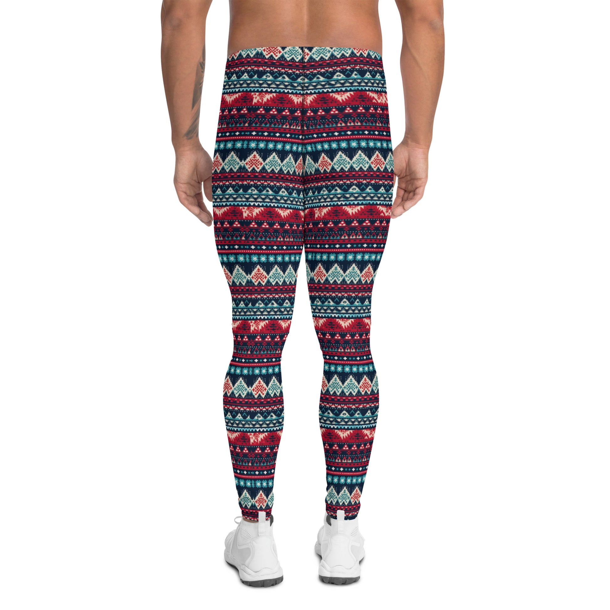 Men's all-over print leggings with white background, full-back view.