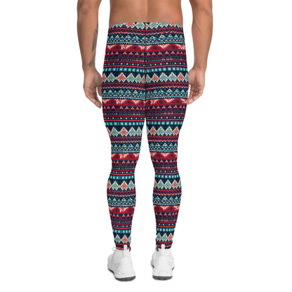 Men's all-over print leggings with white background, full-back view.