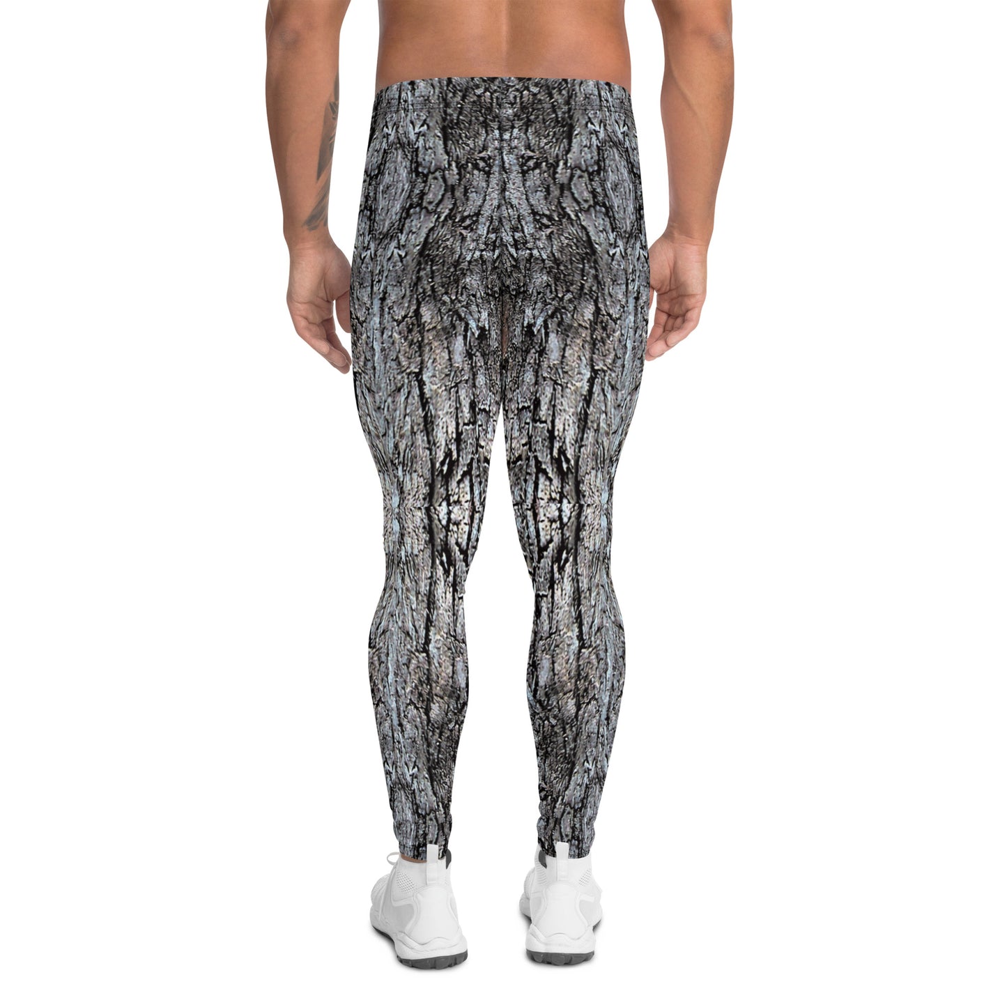 Men's all-over print leggings with white background, full-back view alternate angle.