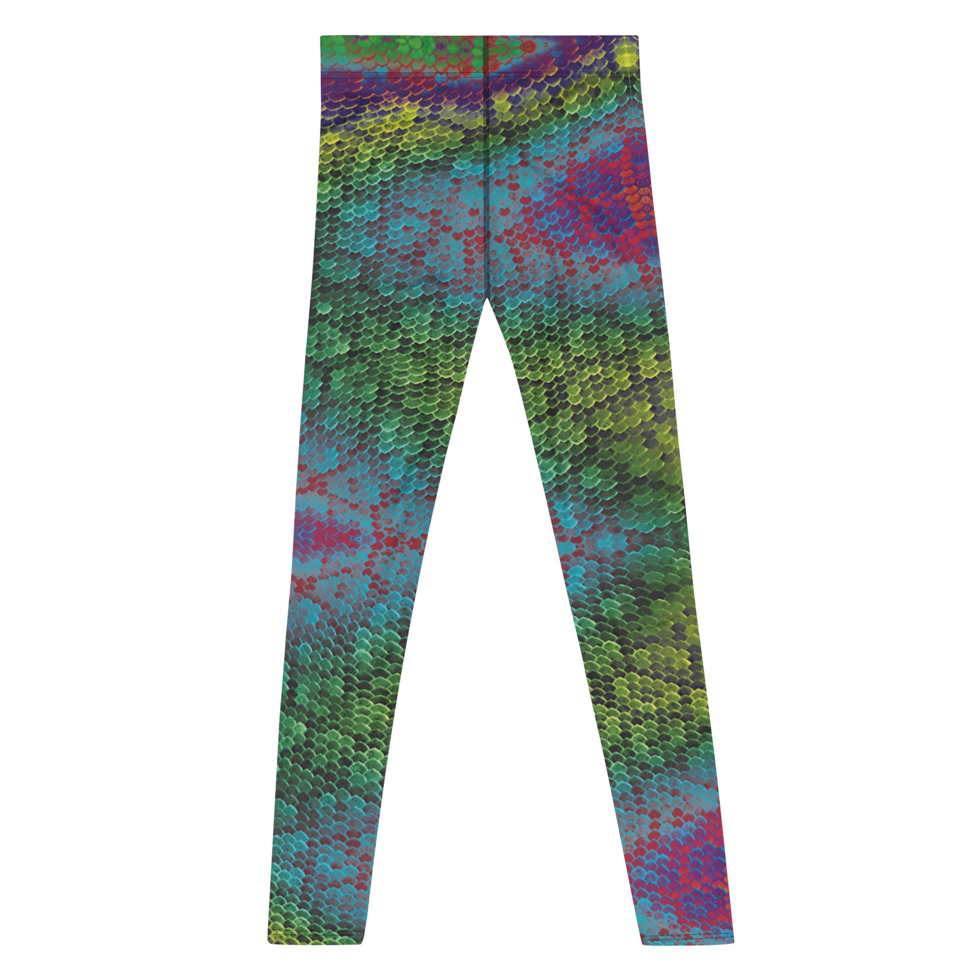 Men's all-over print leggings with white background, full-back view.