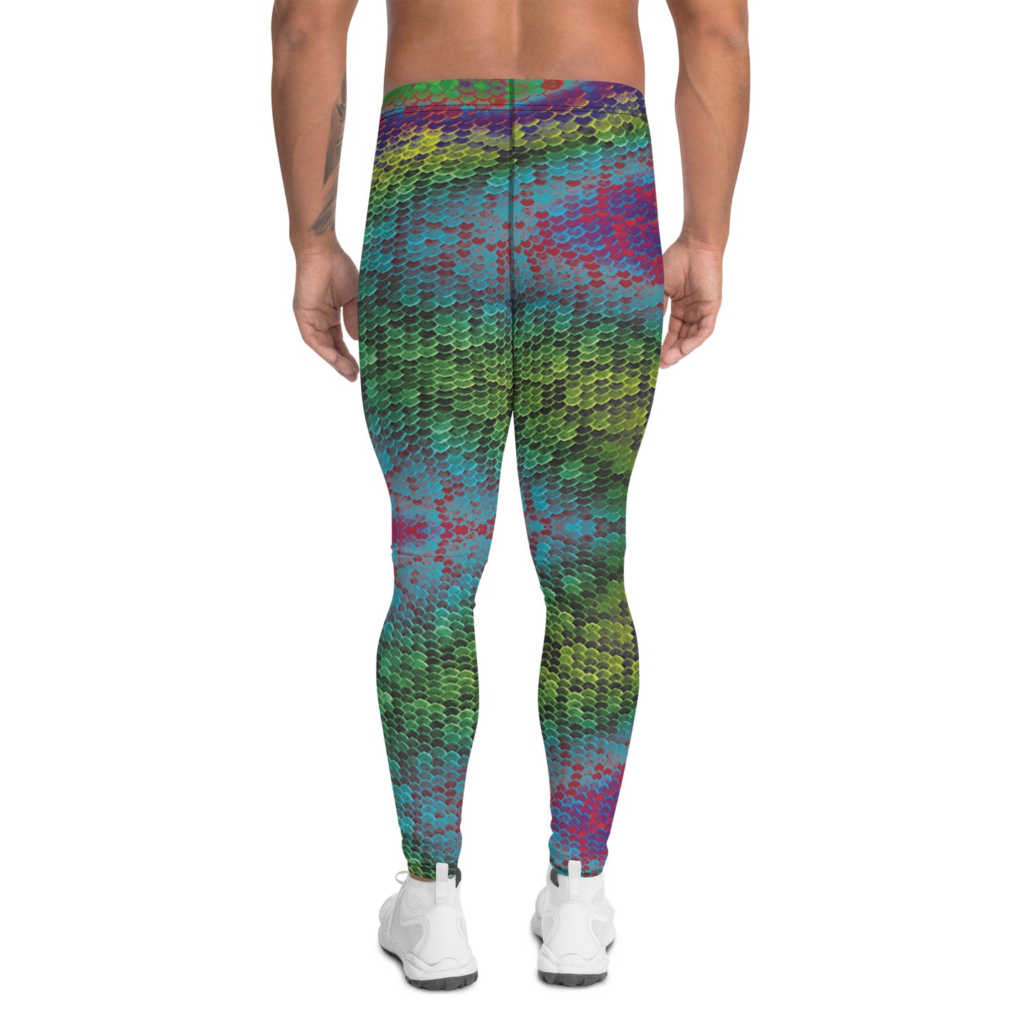 Men's all-over print leggings with white background, full-back view alternate angle.