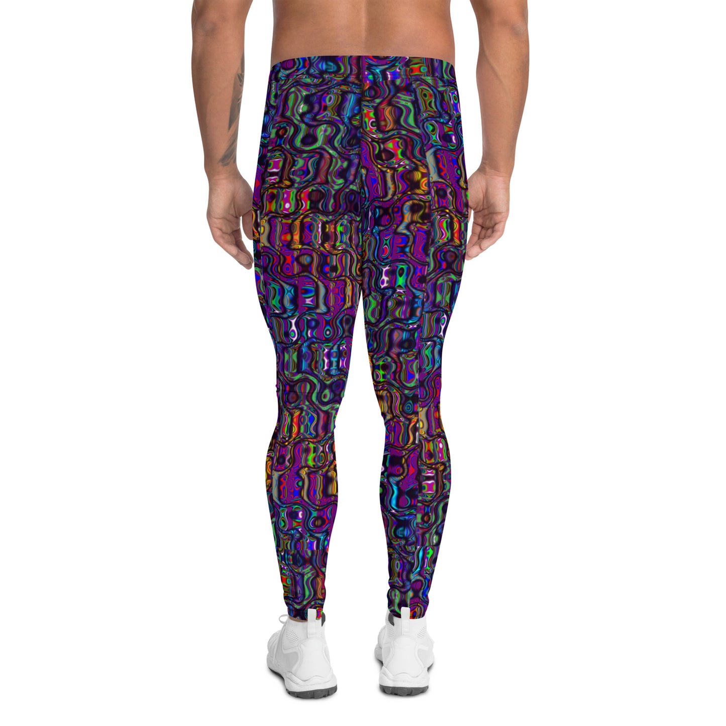 Men's all-over print leggings with white background, full-back view alternate angle.