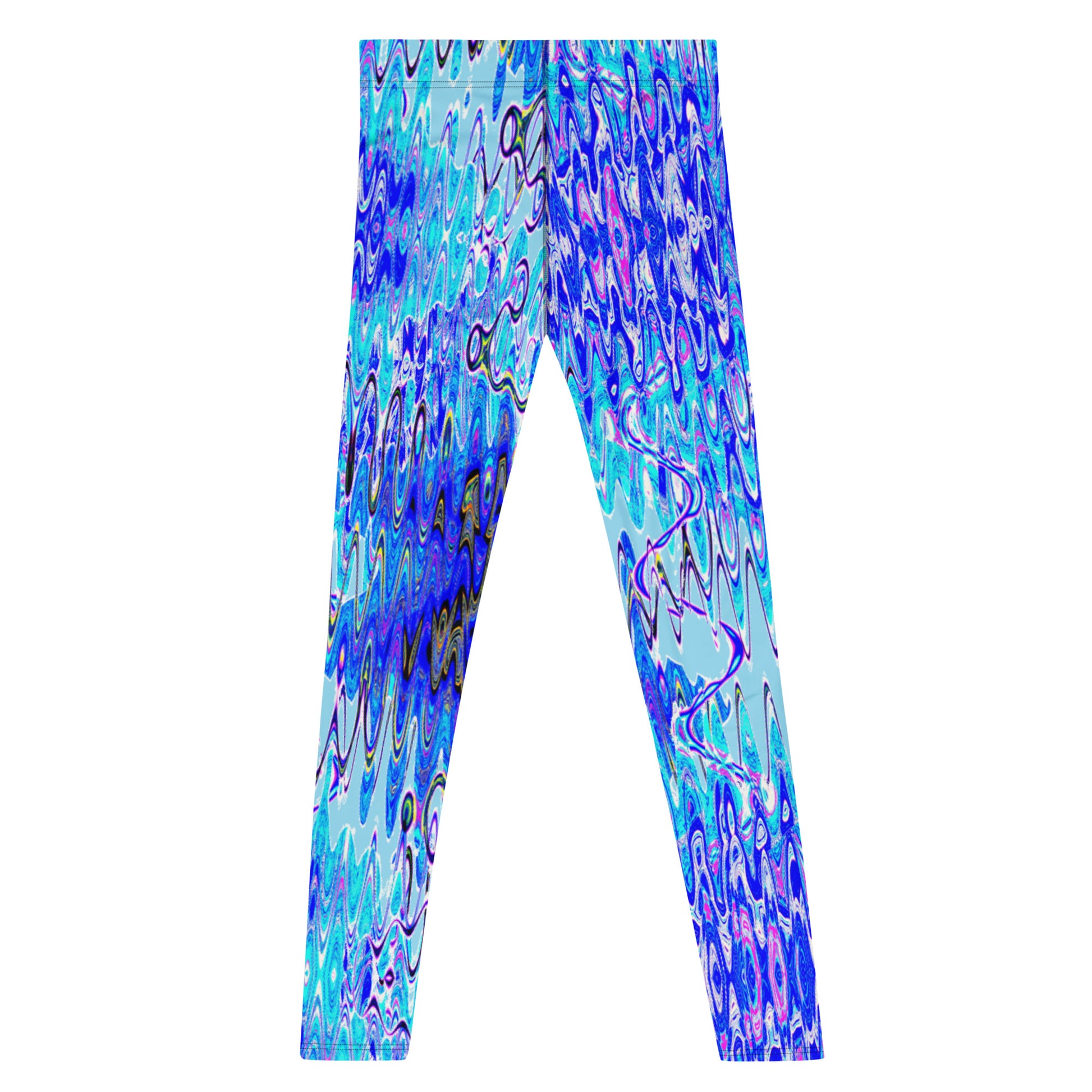 Men's all-over print leggings with white background, full-back view.