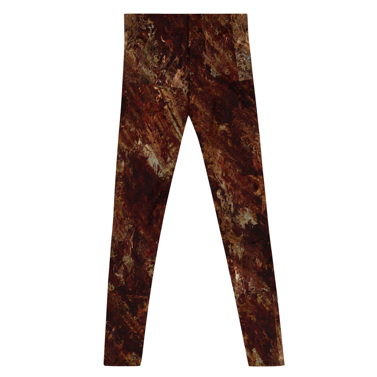 Men's all-over print leggings with white background, full-back view.