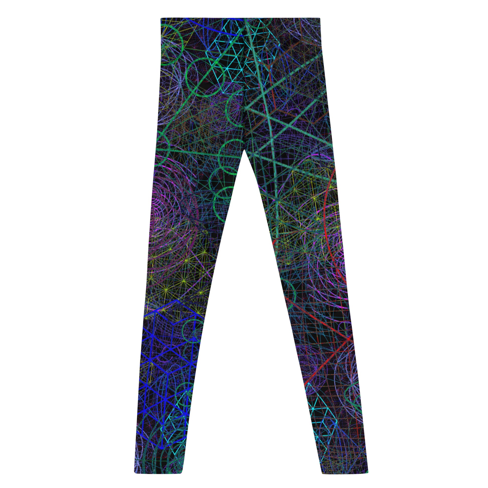 Men's all-over print leggings with white background, right-side view alternate angle.