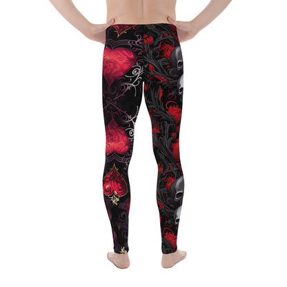 Men's all-over print leggings with white background, full-back view.