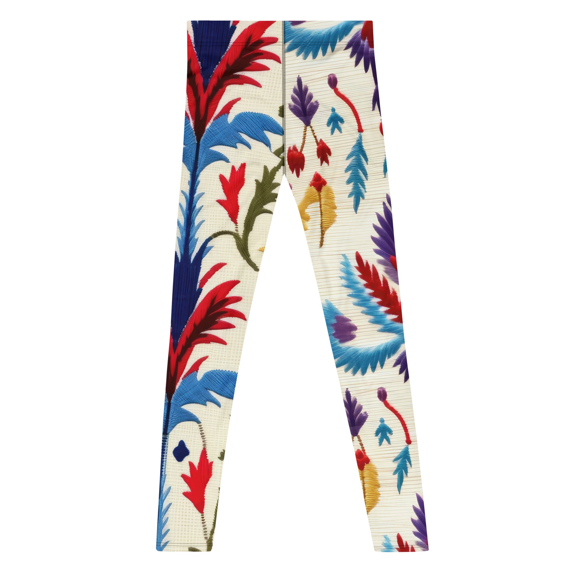 Men's all-over print leggings with white background, full-back view alternate angle.