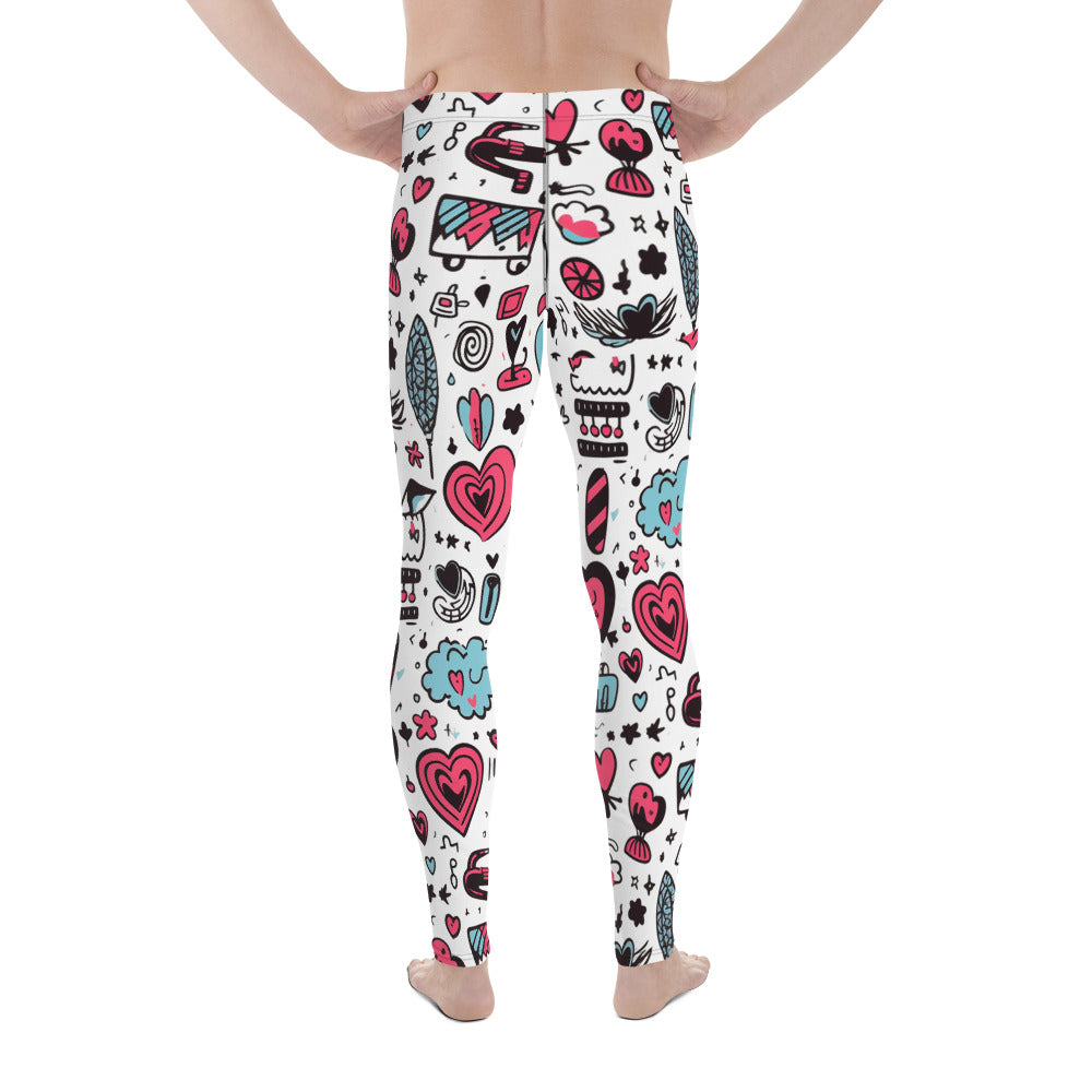 Men's all-over print leggings with white background, full-back view.