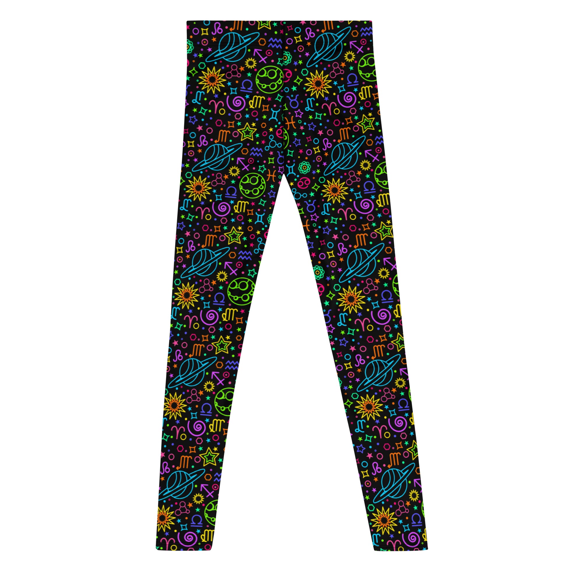 Men's all-over print leggings with white background, full-back view alternate angle.