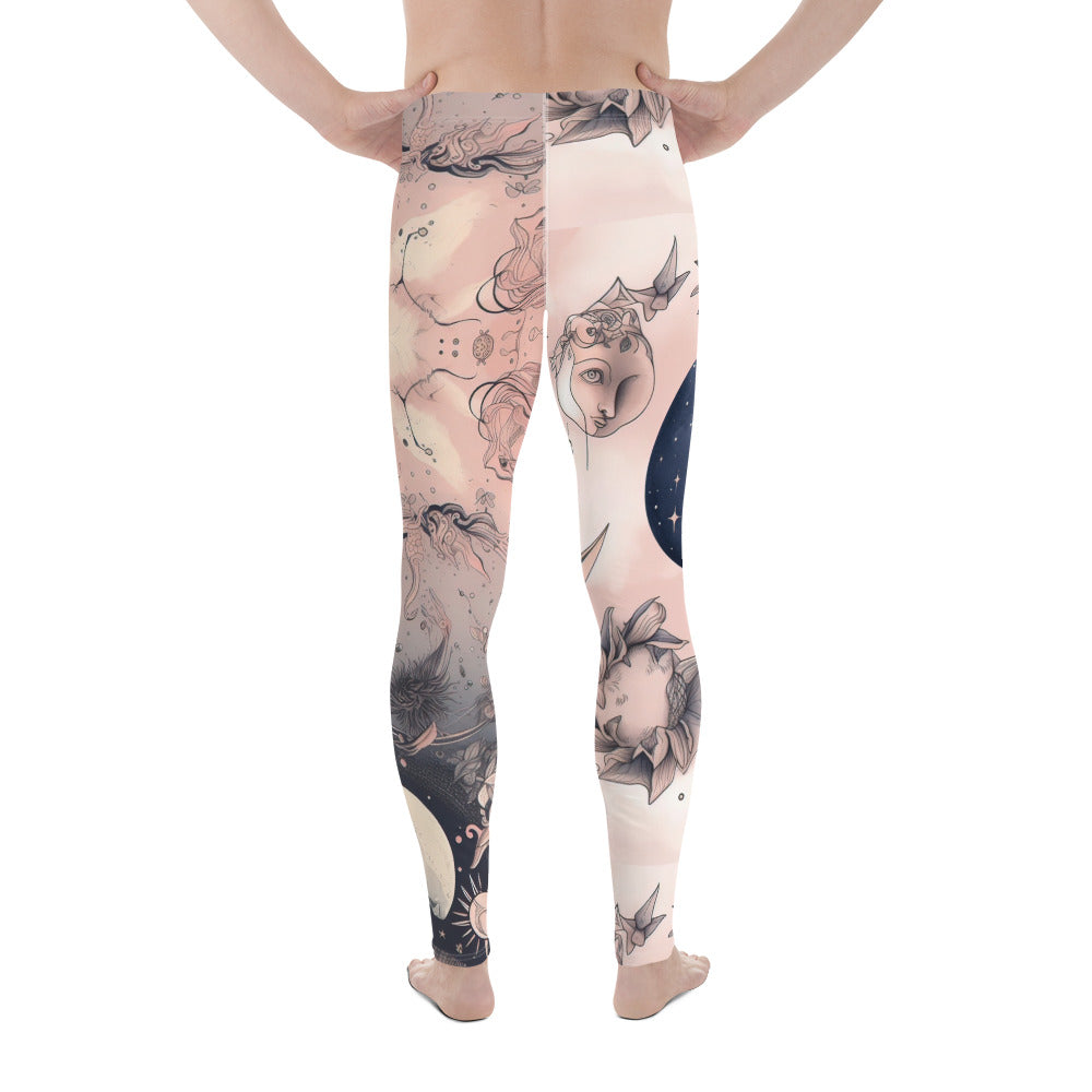 Men's all-over print leggings with white background, full-back view.