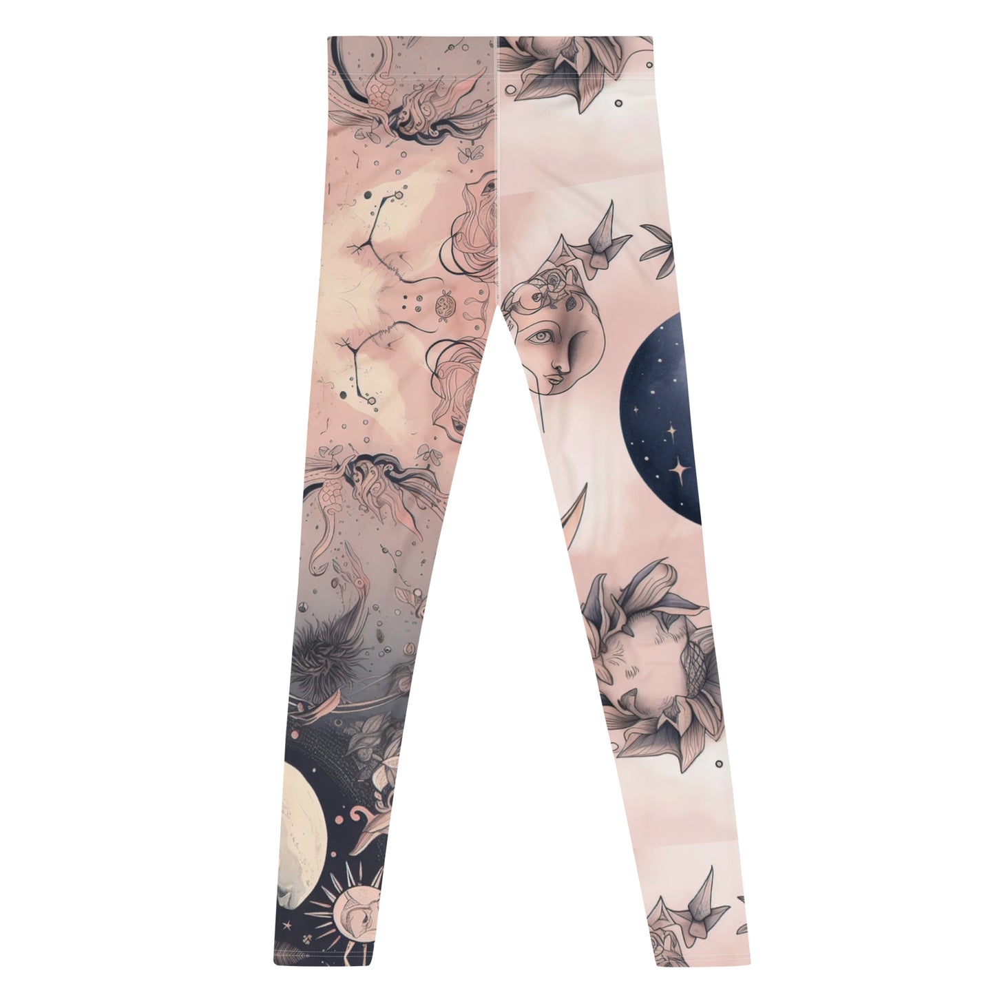 Men's all-over print leggings with white background, full-back view alternate angle.