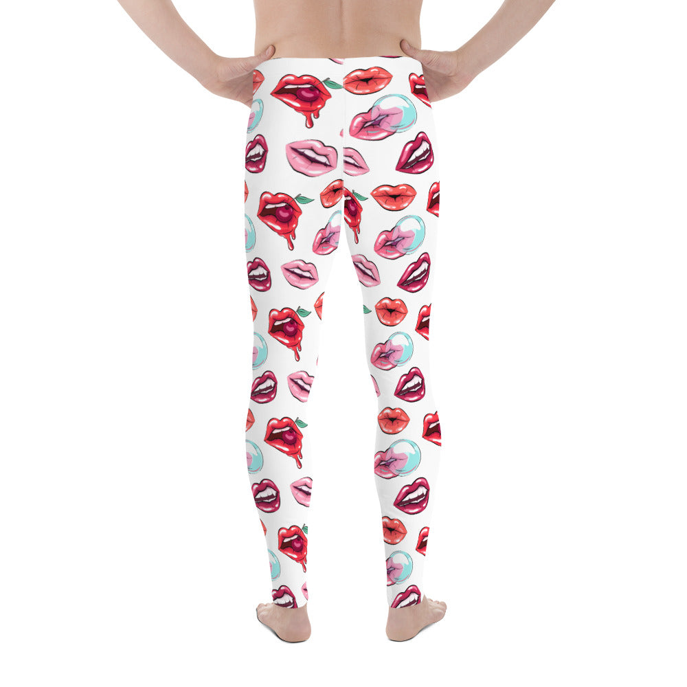 Men's all-over print leggings with white background, full-back view.