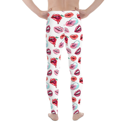 Men's all-over print leggings with white background, full-back view.