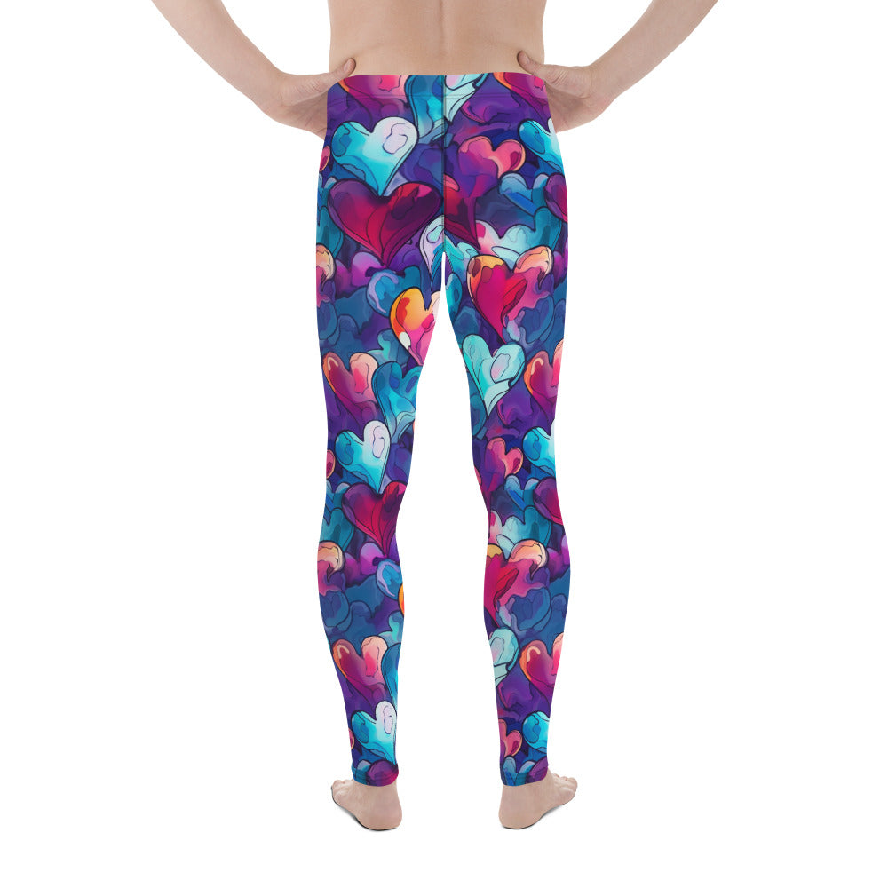 Men's all-over print leggings with white background, left-side view.