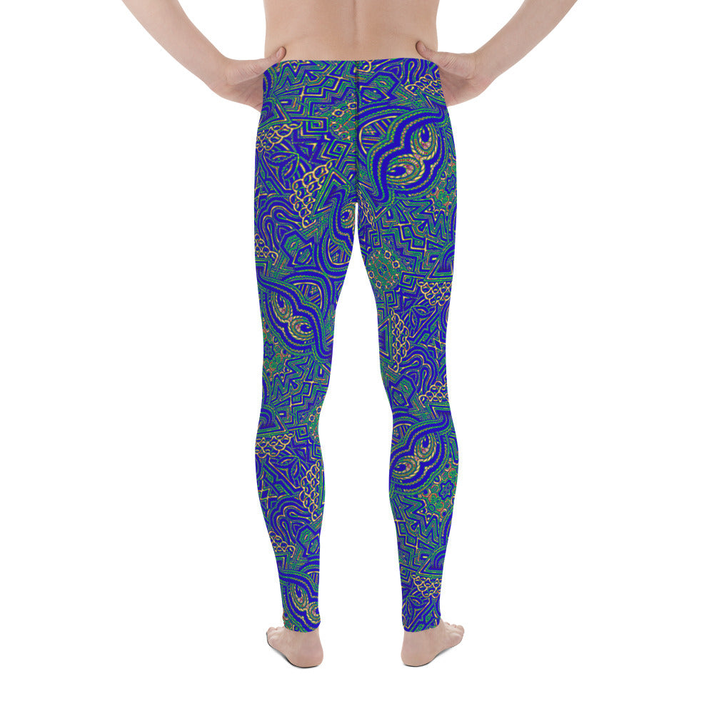 Men's all-over print leggings with white background, left-side view.