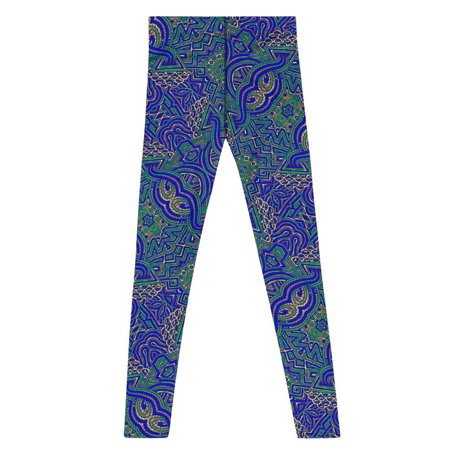 Men's all-over print leggings with white background, right-side view.