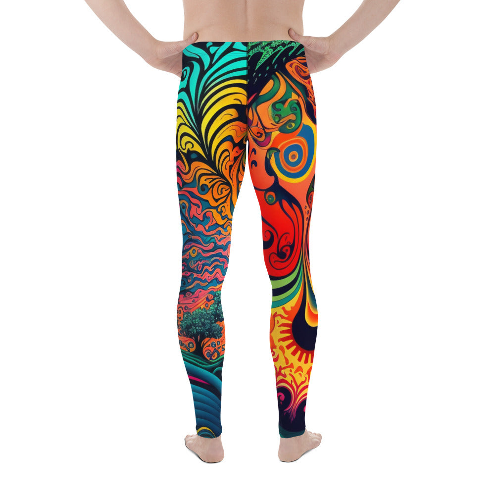 Men's all-over print leggings with white background, left-side view.