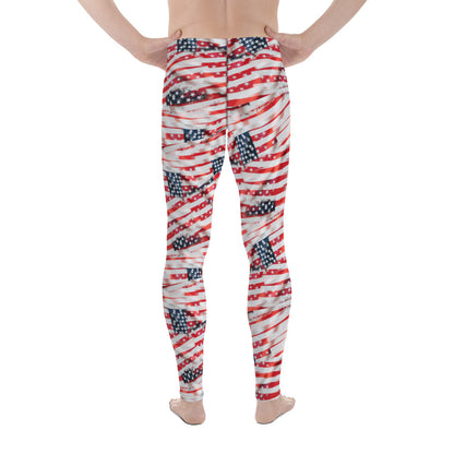 Men's all-over print leggings with white background, left-side view.