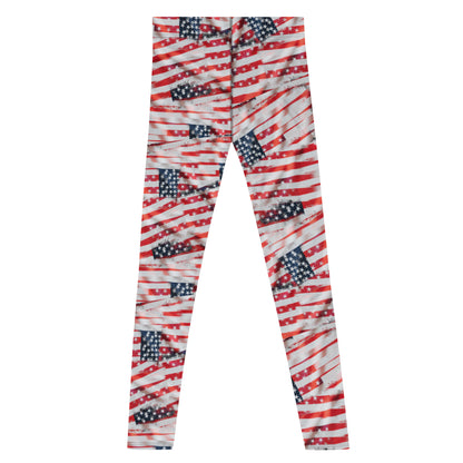 Men's all-over print leggings with white background, right-side view.