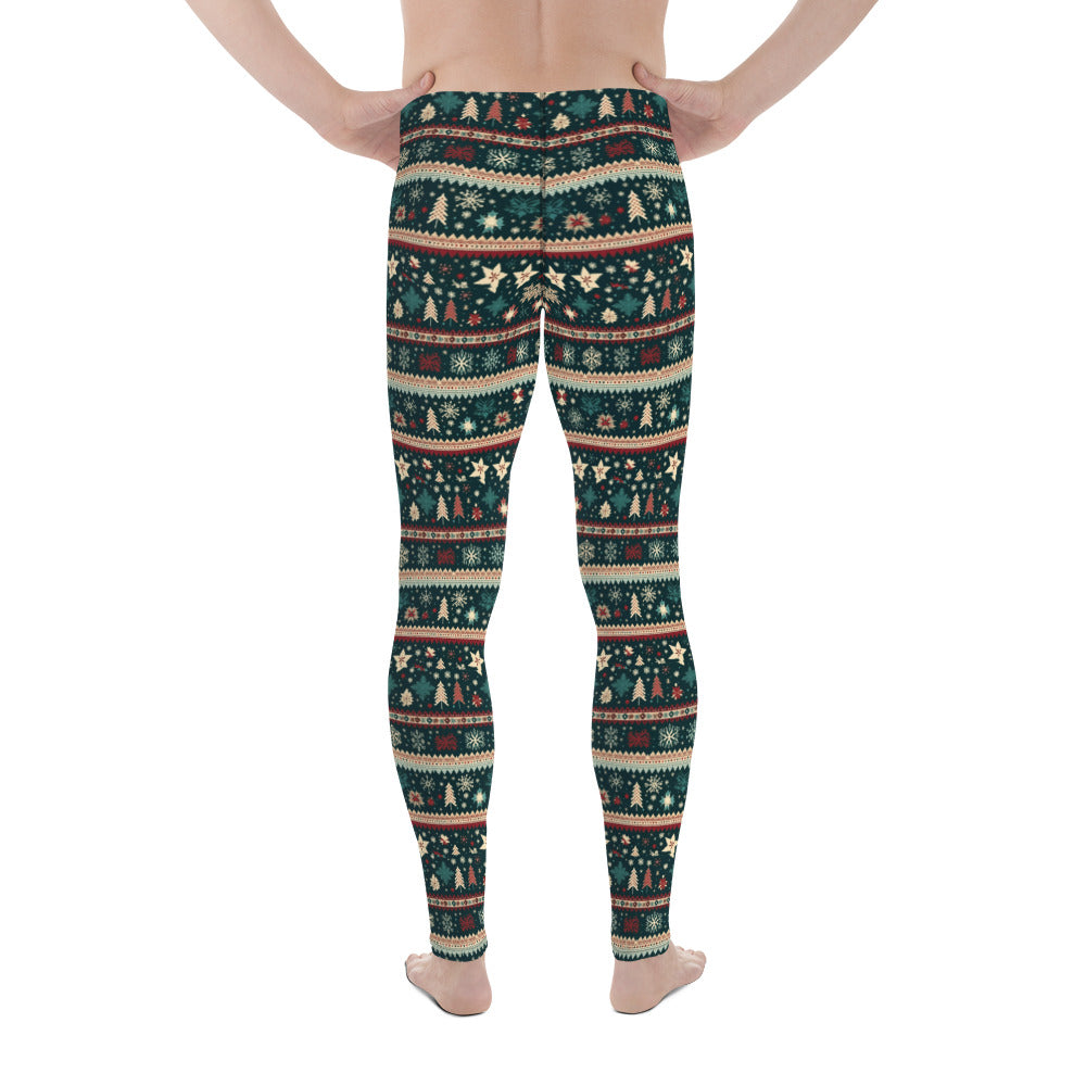 Men's all-over print leggings with white background, full-front view alternate angle.