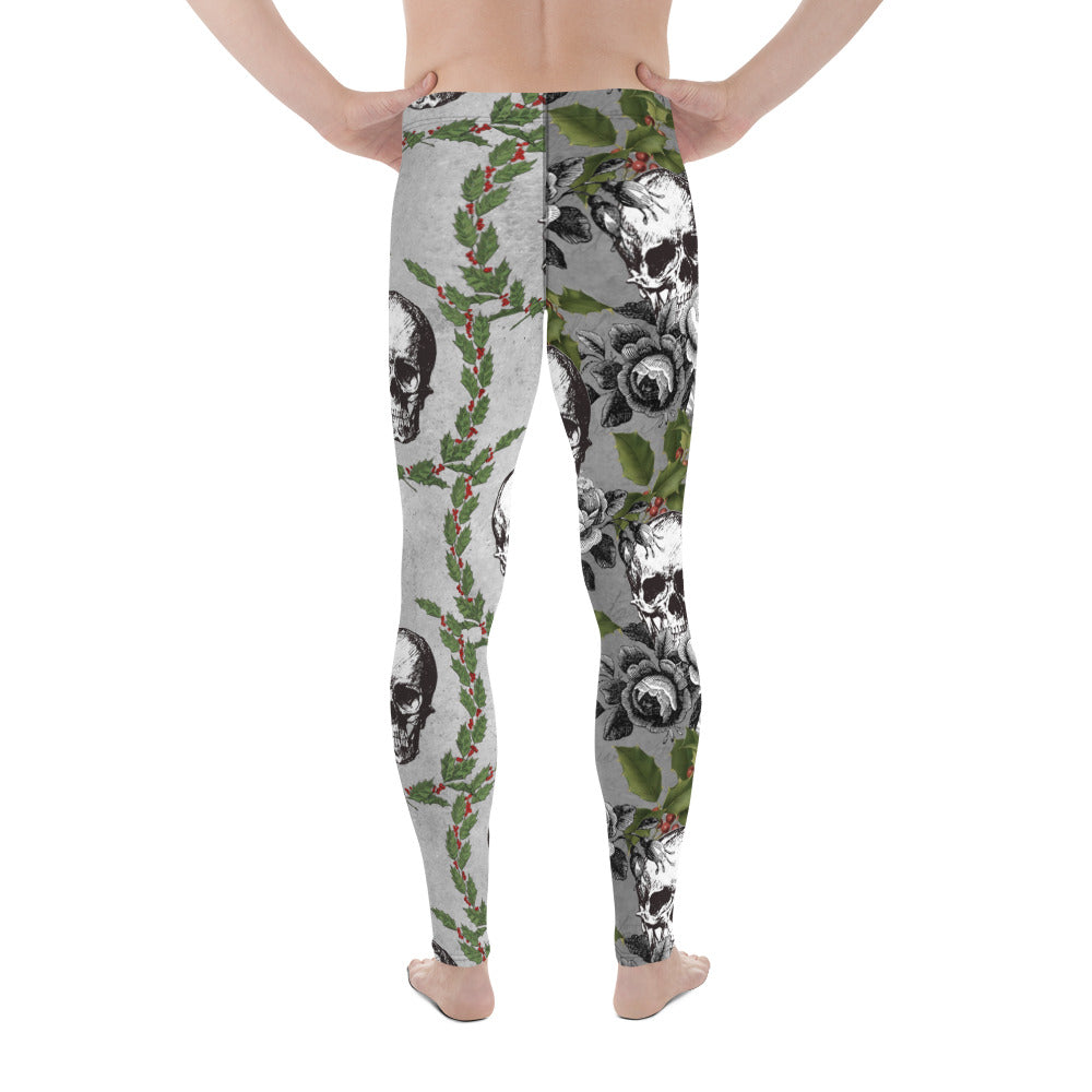 Men's all-over print leggings with white background, right-side view.