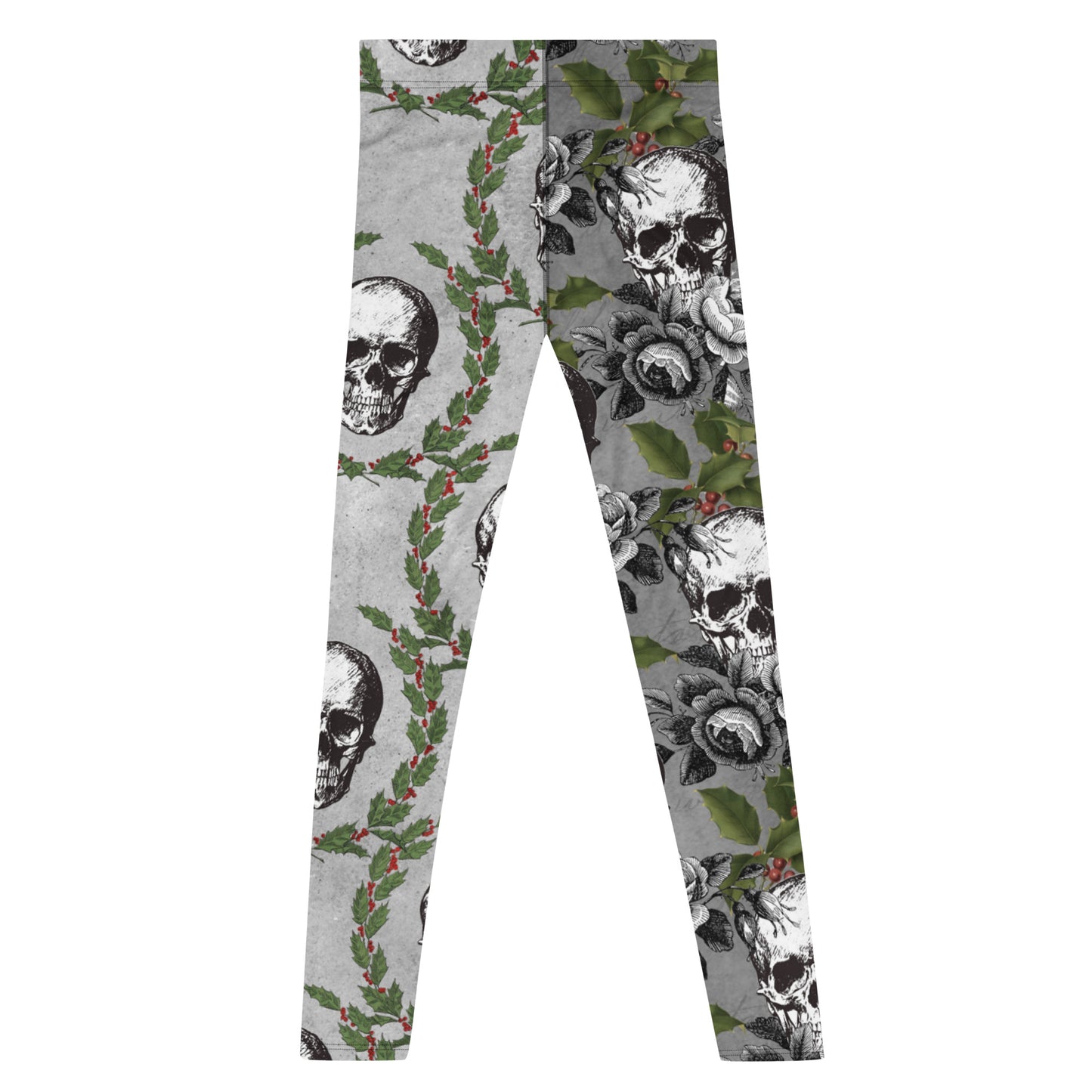 Men's all-over print leggings with white background, left-side view.