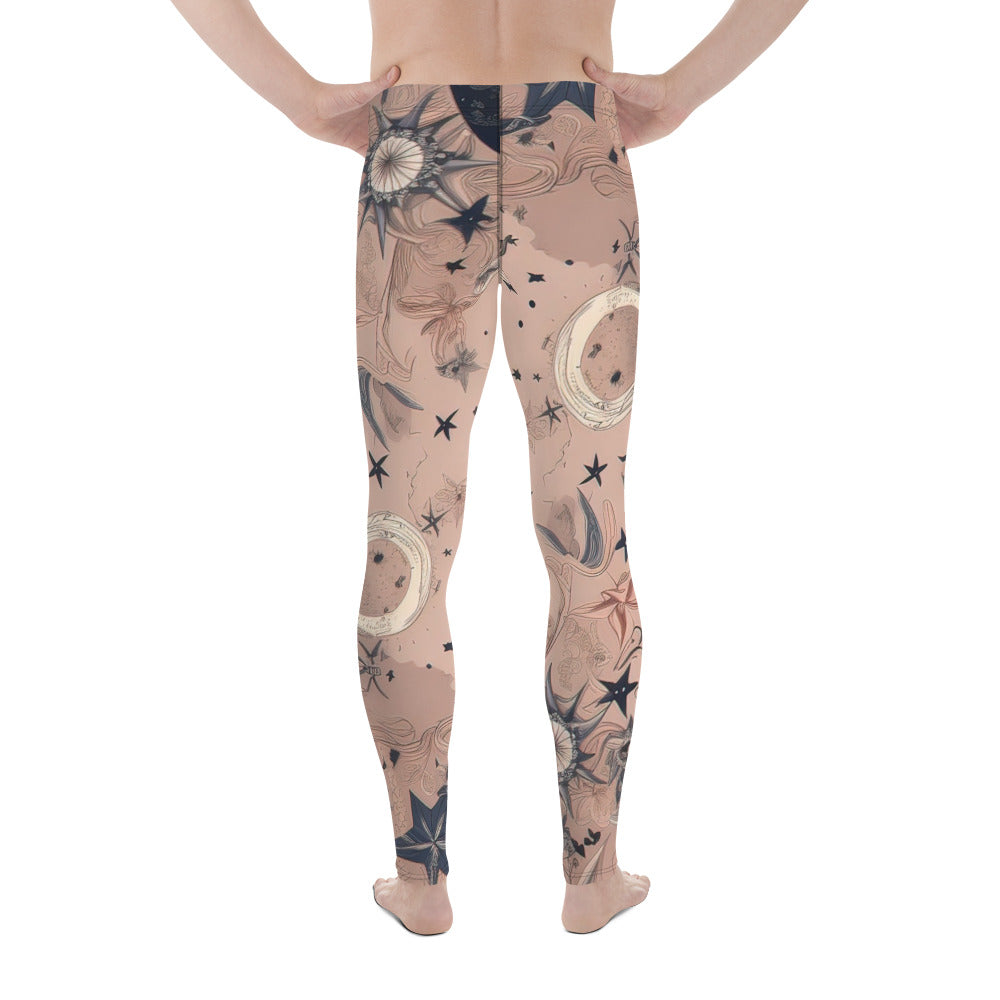 Men's all-over print leggings with white background, full-back view.