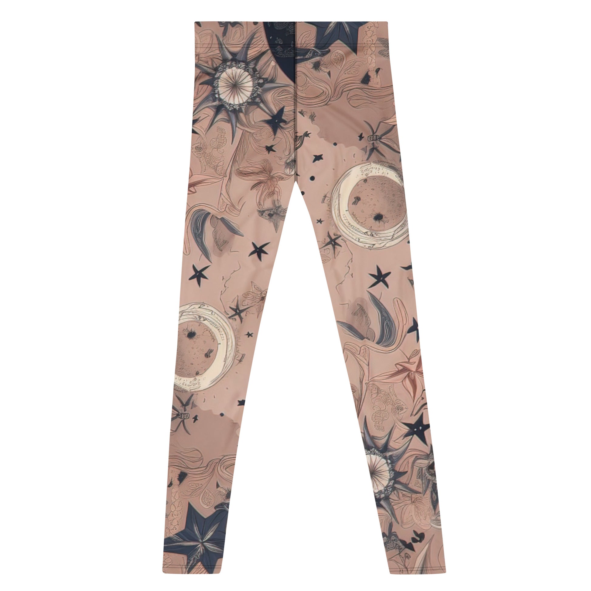 Men's all-over print leggings with white background, full-back view alternate angle.