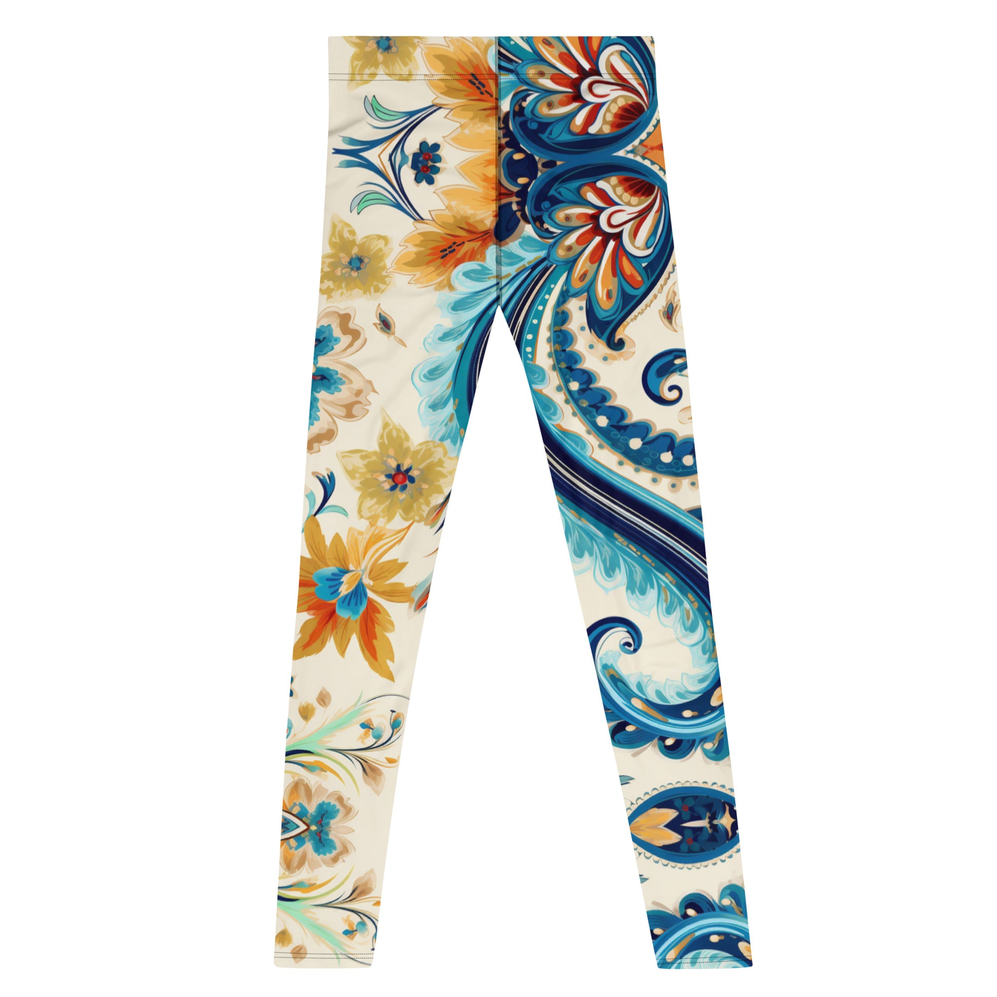 Men's all-over print leggings with white background, full-back view alternate angle.