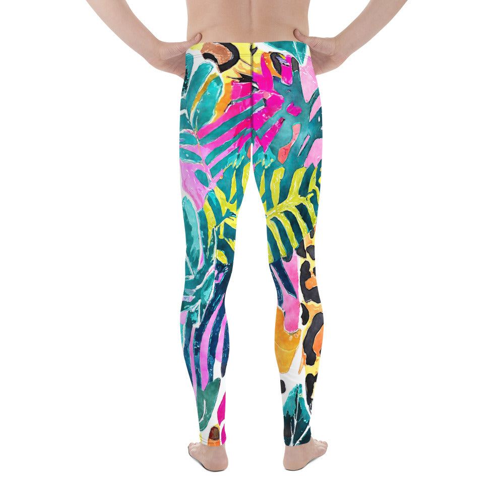 Men's all-over print leggings with white background, full-back view.