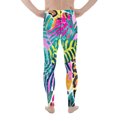 Men's all-over print leggings with white background, full-back view.