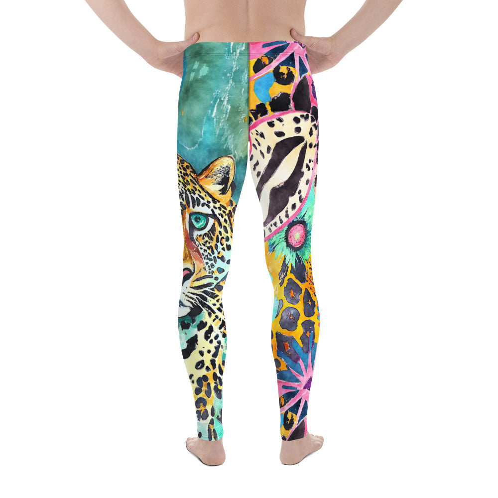 Men's all-over print leggings with white background, full-back view.