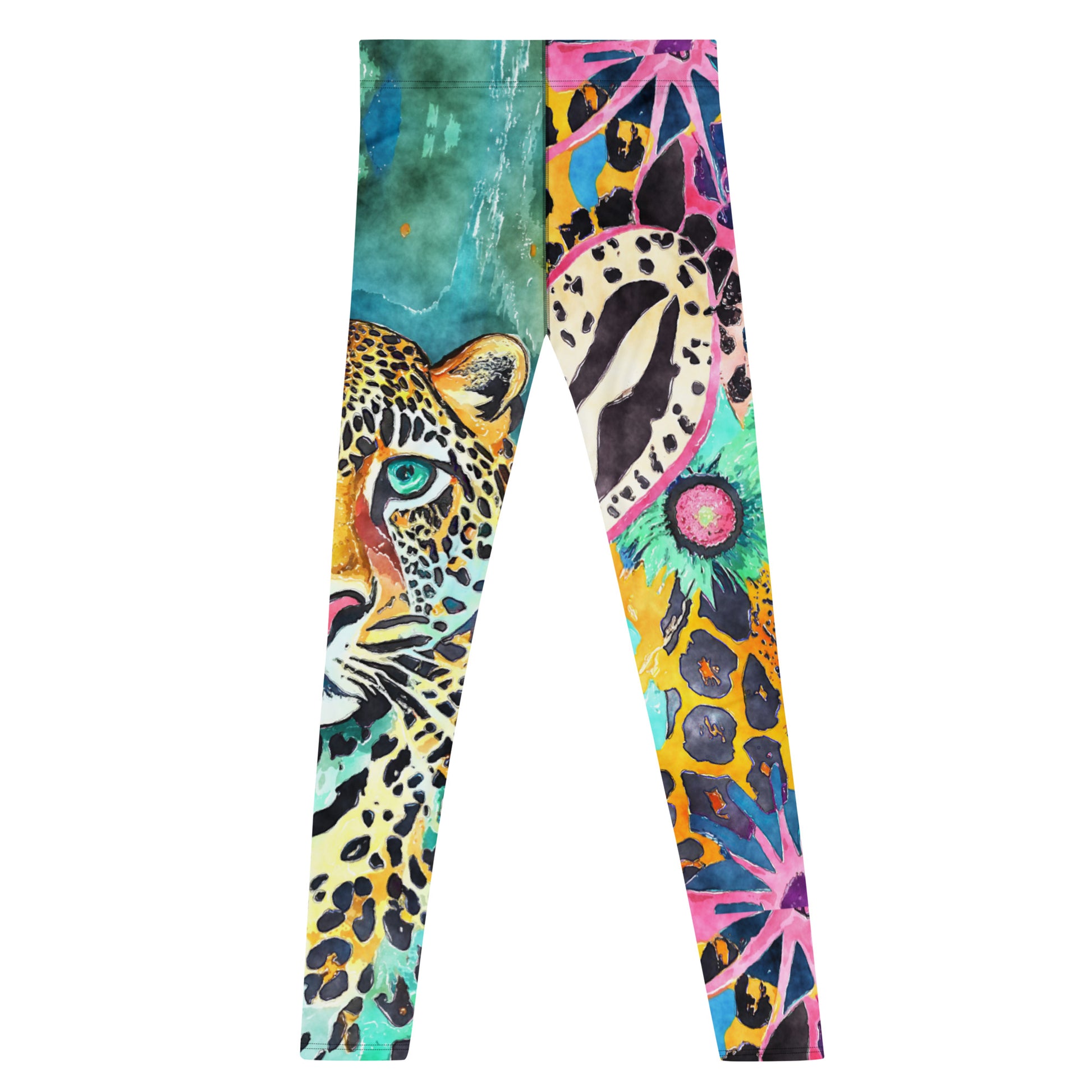 Men's all-over print leggings with white background, full-back view alternate angle.