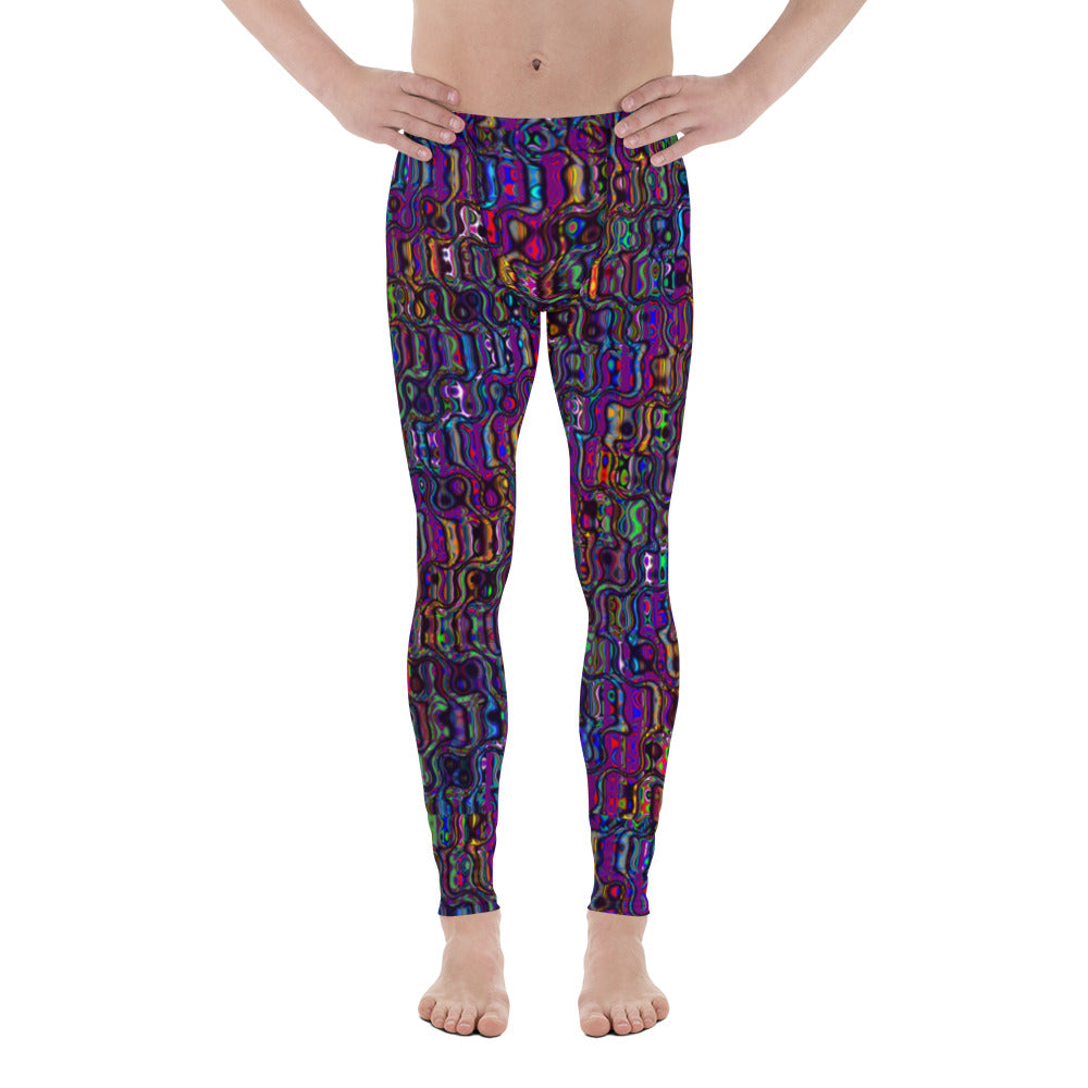 Men's all-over print leggings with white background, left-side view.