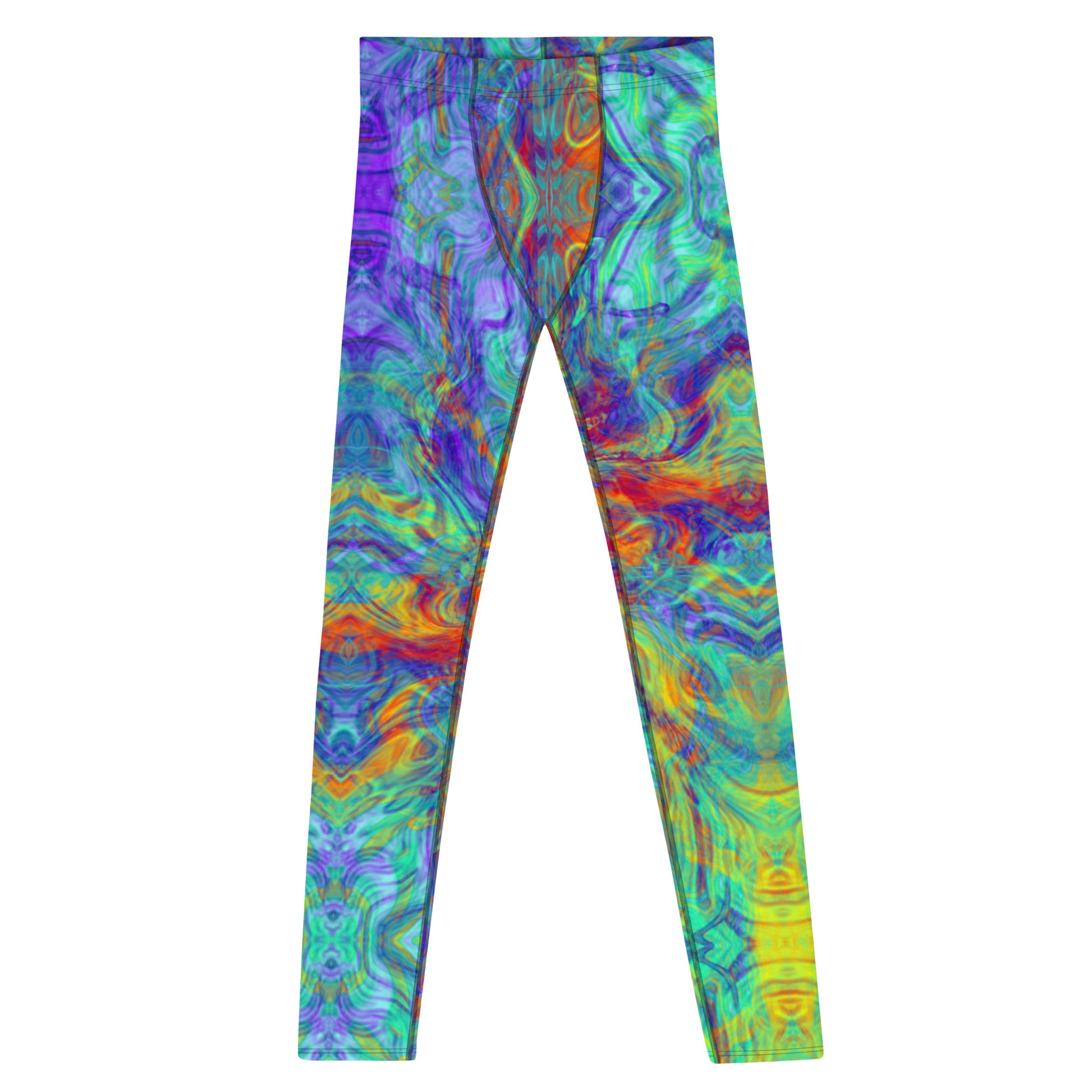 Men's all-over print leggings with white background, full-front view.